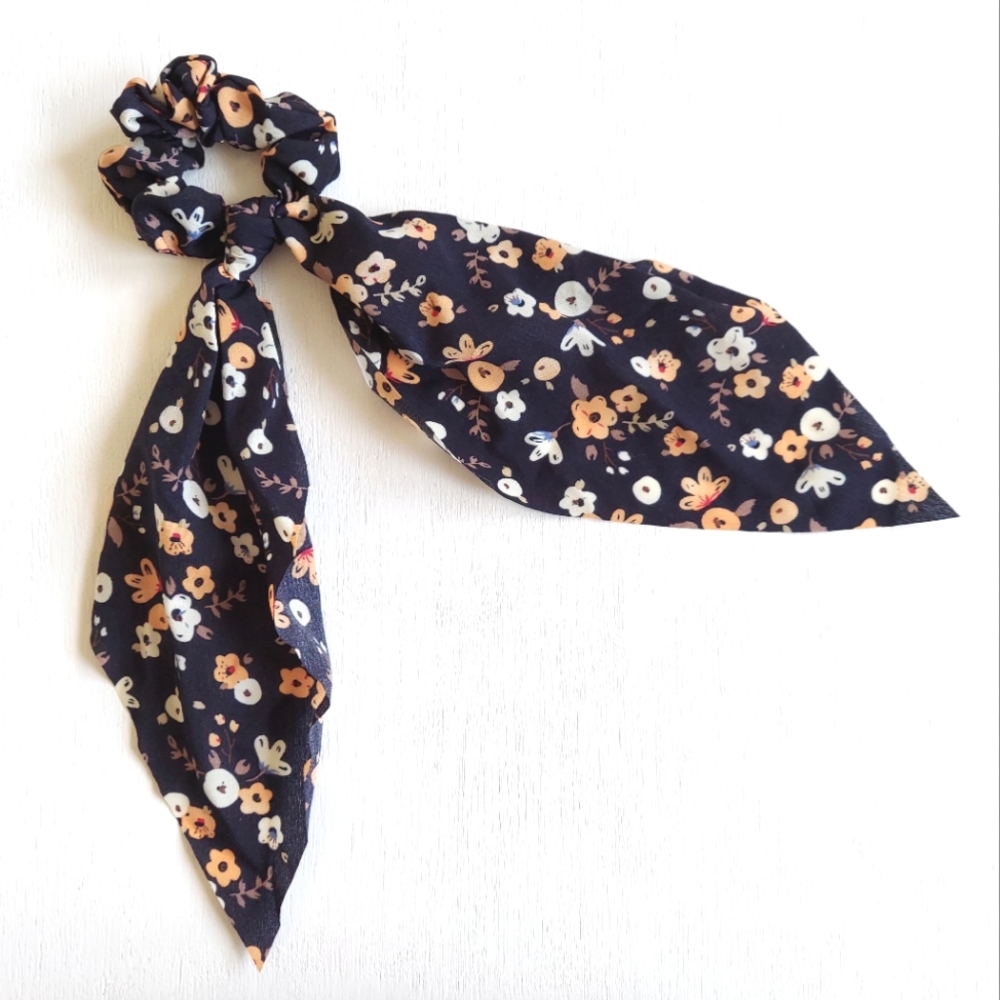 Leslie Floral Hair Scarves - Navy & Orange